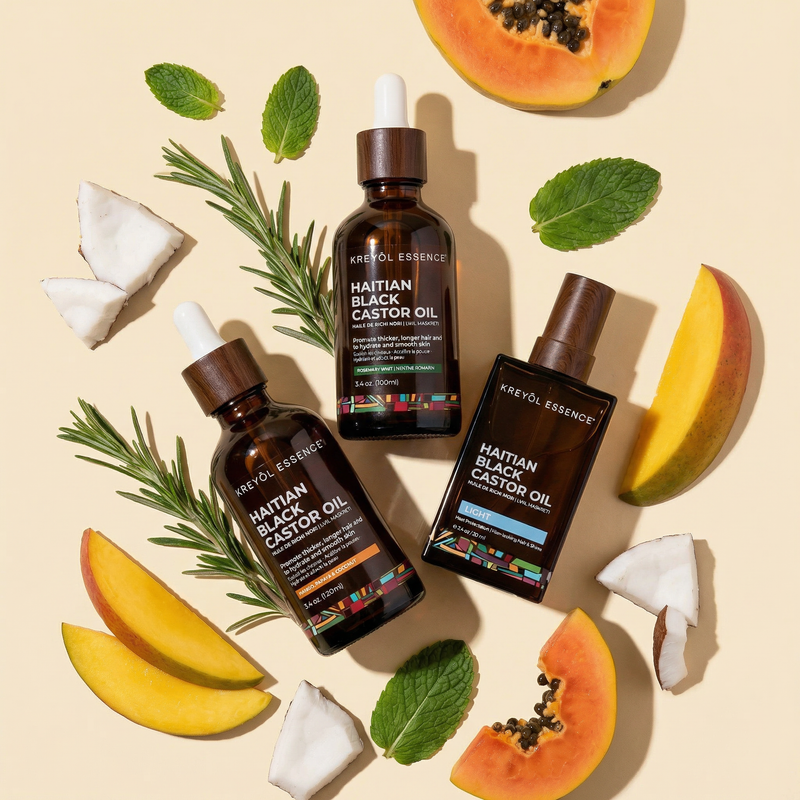 Haitian Black Castor Oil growth trio bottles by Kreyòl Essence, showcasing the natural oil for hair and scalp nourishment.