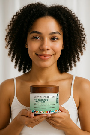 Kreyòl Essence Pre-Shampoo and Moisture Booster Hair Treatment Mask in a 4oz jar, designed to nourish and hydrate hair.
