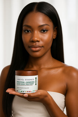 Kreyòl Essence Rice Protein "Give Me Strength" hair mask in a 4oz jar, showing the nourishing hair treatment product.