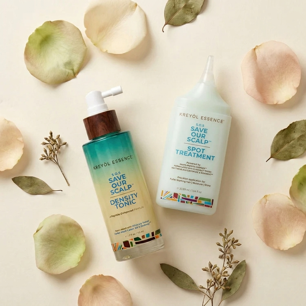 Kreyòl Essence SOS Serum & Peptide Duo hair treatment bottles with serum and peptide formula for healthy hair care.