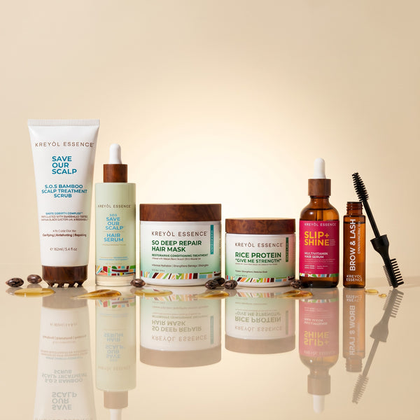 Kreyòl Essence Recovery Kit gift set with natural skincare products, including oils and creams in eco-friendly packaging.