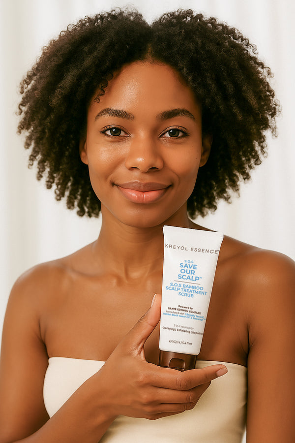 Kreyòl Essence Save Our Scalp Clarify Shampoo and Bamboo Scalp Scrub, hair treatment products with natural ingredients in 5.4oz bottles