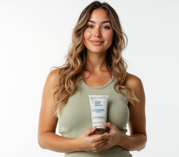 Kreyòl Essence F*** Hair Loss Clinically-Tested 4-Step System with SOS Bamboo Scrub displayed in a lifestyle setting.