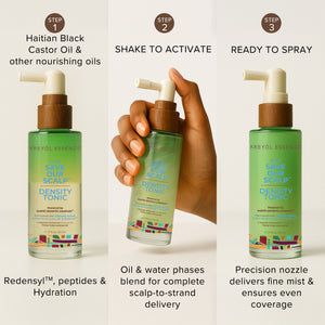 Kreyòl Essence Save Our Scalp Peptide and Clove Density Treatment Spray bottle with infographic showing application benefits.