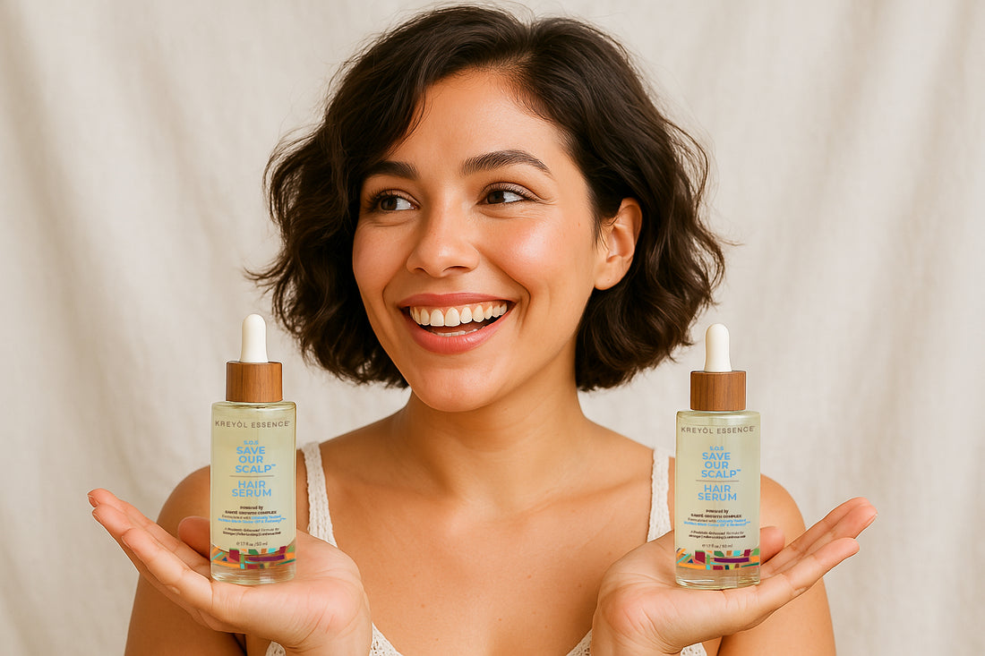 Model with wavy hair holding two S.O.S Hair Serums