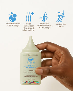 Kreyol Essence Save Our Scalp S.O.S daily hair serum for scalp and hair health, shown in an infographic image.