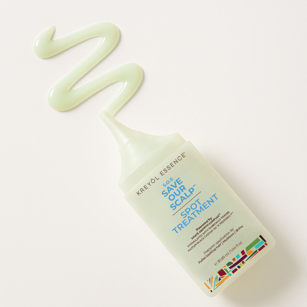 Kreyòl Essence Save Our Scalp hair treatment serum with stem cell and Haitian castor oil, shown in a 30ml bottle.