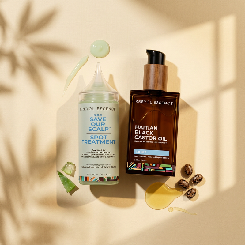 Kreyòl Essence Save My Crown Middle Part Targeted Hair Treatment Serum Duo for scalp and hair nourishment, shown in bottles.