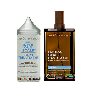 Kreyòl Essence Save My Crown middle part targeted hair treatment serum duo for scalp and hair nourishment.