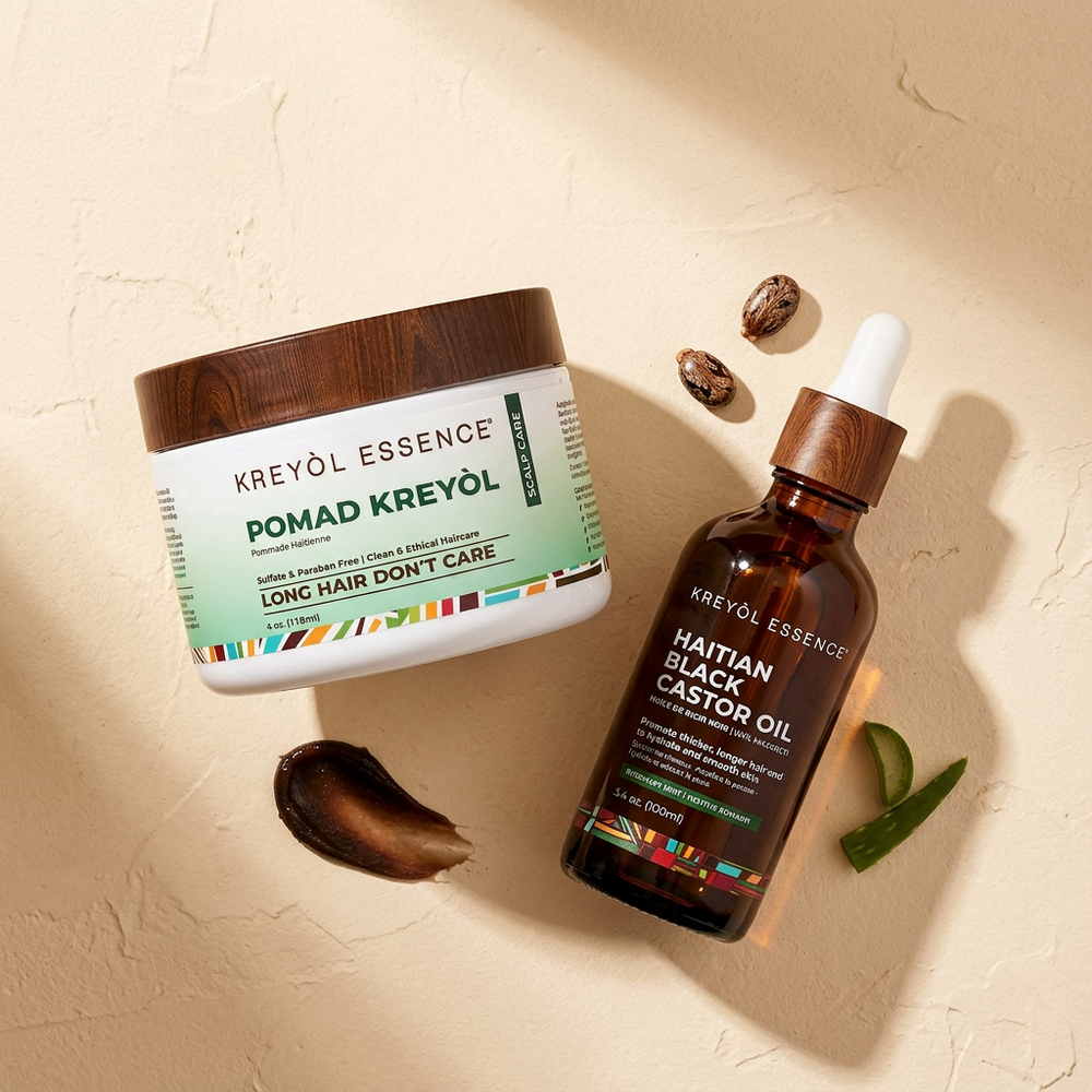 Kreyòl Essence Save My Hairline Growth Treatment Duo in a value and gift set, featuring bottles of hair growth serum and conditioner.