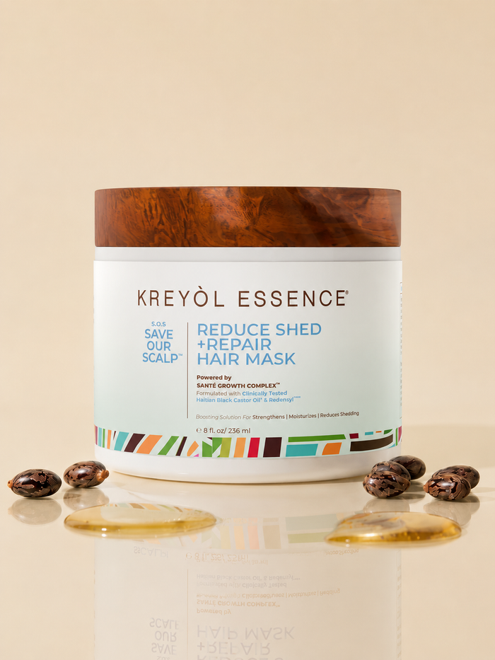 Kreyòl Essence Save Our Scalp Stem Cell Hair Treatment mask in an 8oz jar, designed to reduce shedding and repair hair.