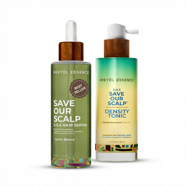 Kreyòl Essence SOS Stem Cell & Peptide Duo hair treatment in a sleek bottle with applicator tip, designed to promote hair growth.