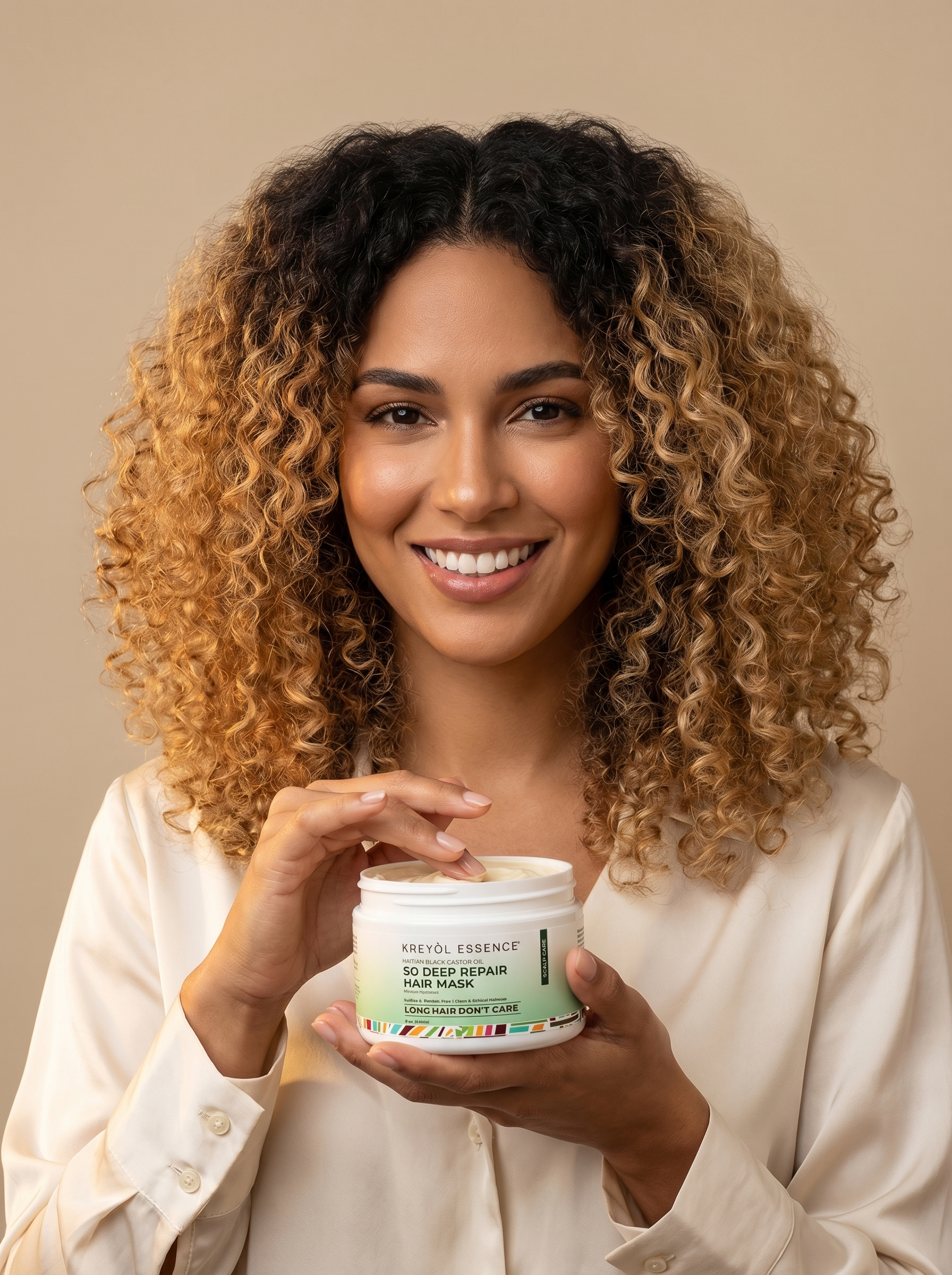 Kreyol Essence Haitian Black Castor Oil deep moisture hair mask conditioner for deep conditioning, shown in a Spanish women with shiny hair