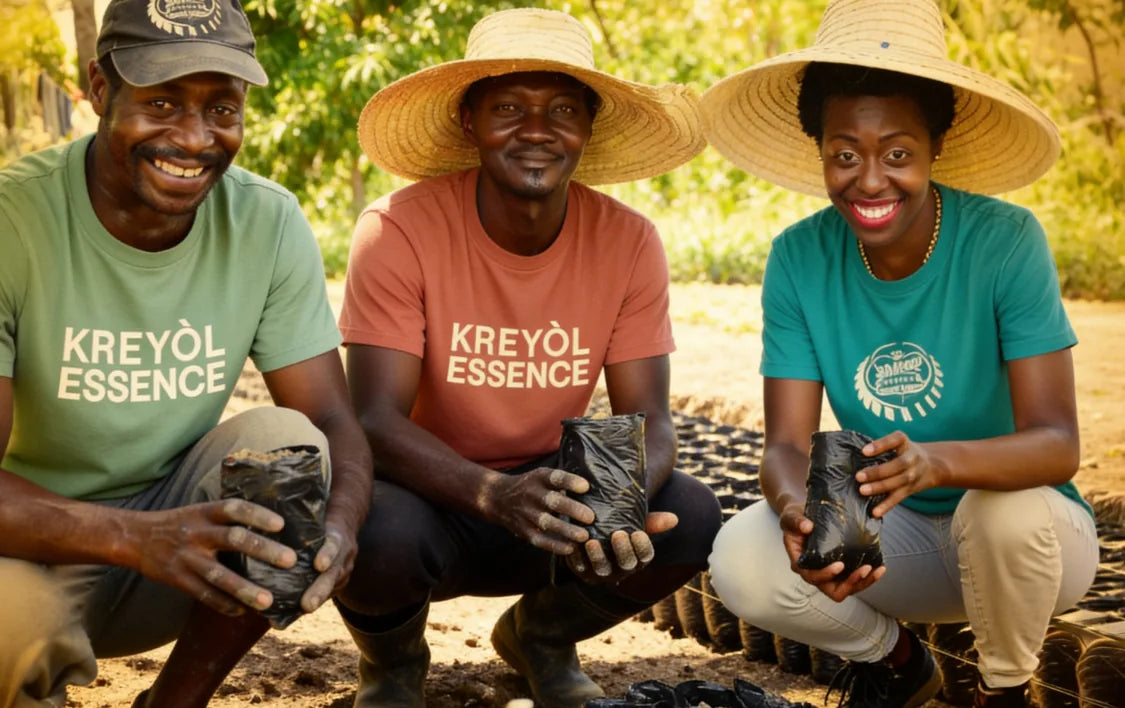 Three Kreyòl Essence growers kneeling with castor seedlings on a farm in Haiti