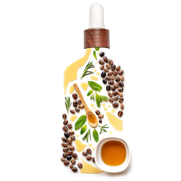 Haitian Black Castor Oil by Kreyòl Essence with rosemary and peppermint, in a clear glass bottle with a black lid, close-up shot.