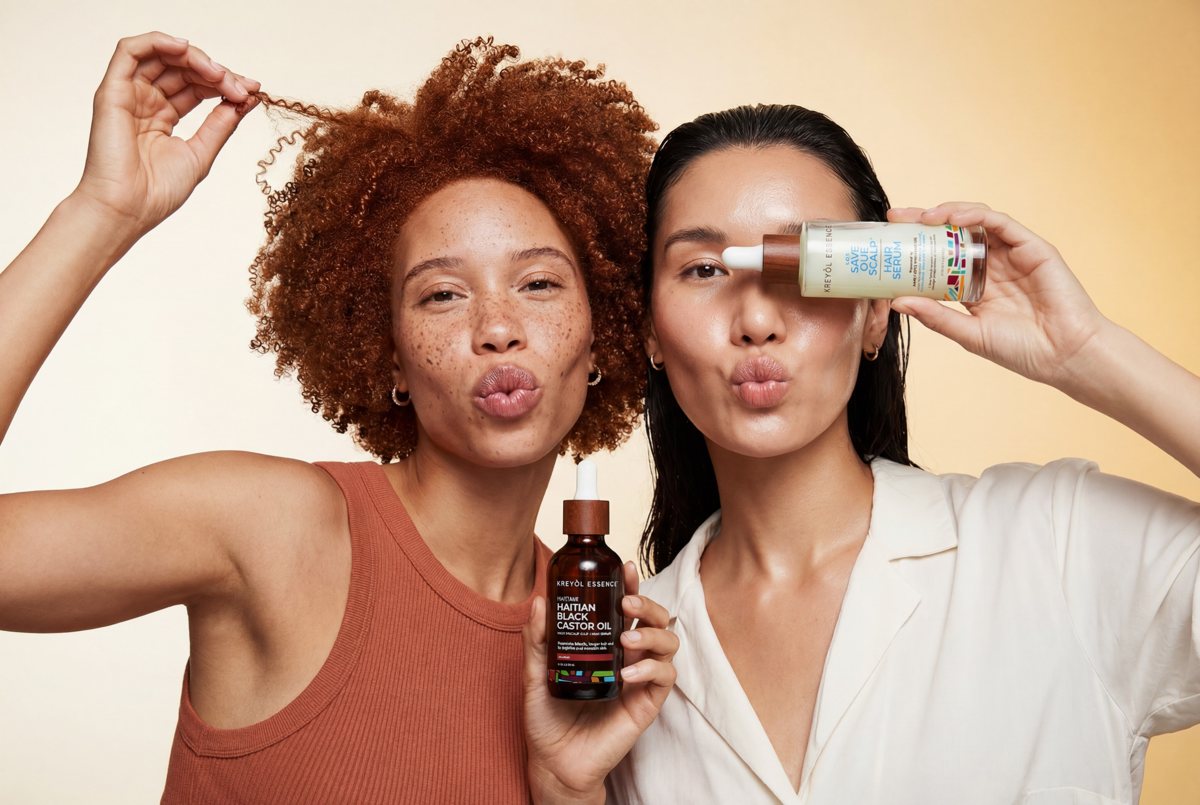 Two women with different hair types holding Haitian Black Castor Oil and S.O.S Hair Serum