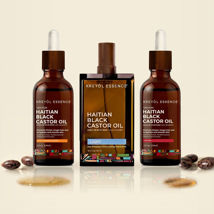 Kreyòl Essence Growth Trio: Haitian Black Castor Oil Mango Papaya & Coconut 2oz, Light 2oz and Original 2oz with castor seeds