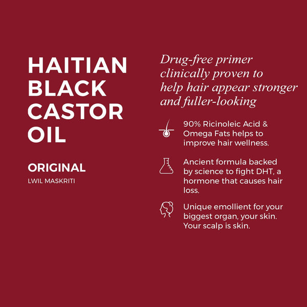 Haitian Black Castor Oil by Kreyòl Essence in a 2oz bottle, showcasing the dark castor oil inside a clear glass container.