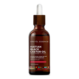 Haitian Black Castor Oil bottle by Kreyòl Essence, 3.4 oz, with dark castor oil inside and label displaying product details.