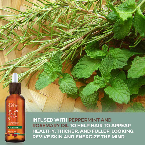 Kreyòl Essence Haitian Black Castor Oil with rosemary and peppermint in a 2oz bottle, showing the dark oil in a clear container.