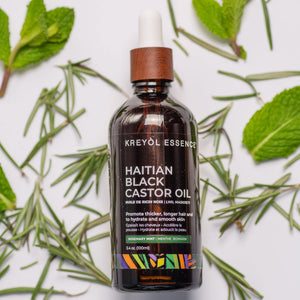 Kreyòl Essence Haitian Black Castor Oil with rosemary and peppermint in a 3.4oz super-size for hair loss treatment, part of the 4-step system.