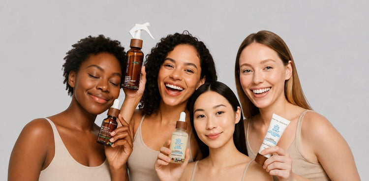 Four women holding Kreyòl Essence products