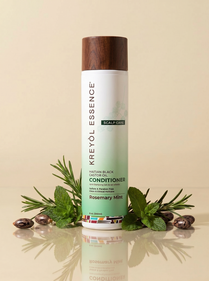 Kreyòl Essence Rosemary Mint and Haitian Black Castor Oil scalp care conditioner in a 8oz bottle, showing the product label and packaging