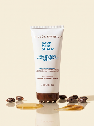 Kreyòl Essence Save Our Scalp Clarify Shampoo and Bamboo Scalp Scrub hair treatment bottles on a white background