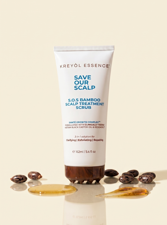 Kreyòl Essence Save Our Scalp Clarify Shampoo and Bamboo Scalp Scrub for hair treatment, featuring bottles with natural ingredients