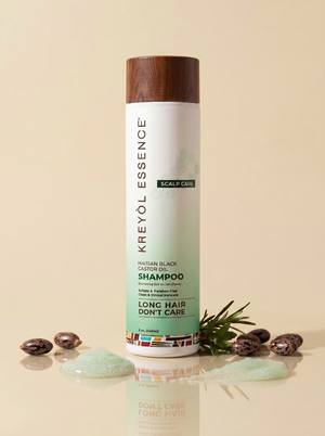 Kreyòl Essence Rosemary Mint + HBCO Scalp Care Shampoo bottle with label, 8oz size, showcasing natural ingredients and herbal design.