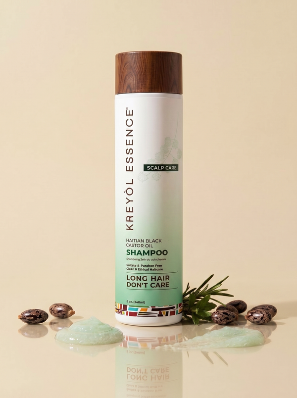 Kreyòl Essence Rosemary Mint + HBCO Scalp Care Shampoo bottle with label, 8oz size, showcasing natural ingredients and herbal design.
