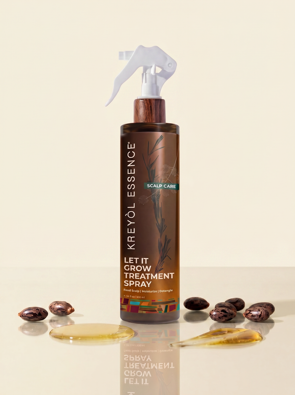 Kreyòl Essence Let it Grow scalp and hair strengthening treatment spray bottle with spray nozzle, close-up of product label.