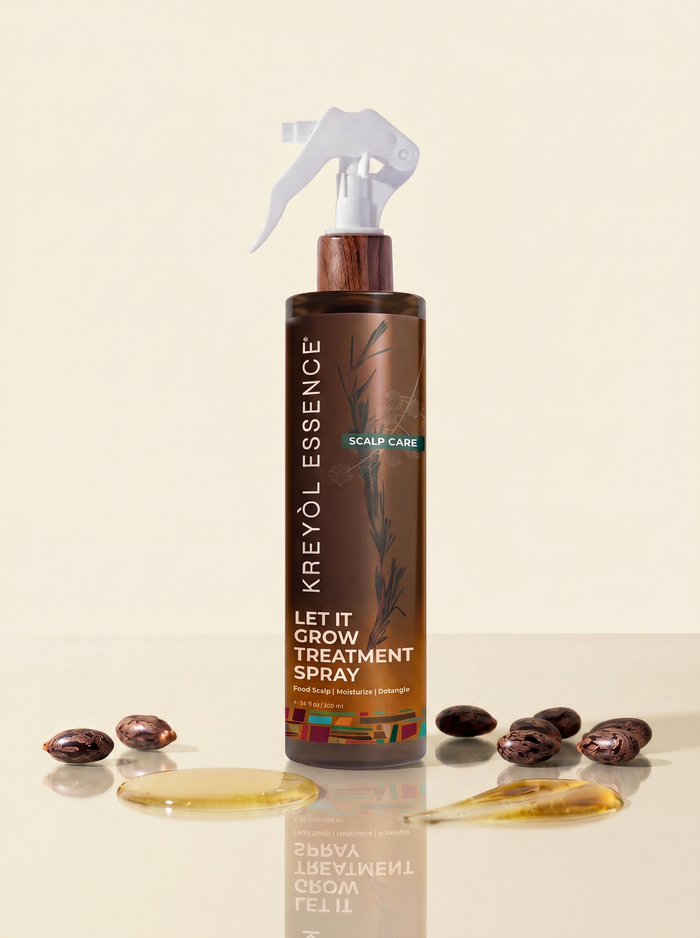 Kreyol Essence "Let it Grow" scalp and hair strengthening treatment spray bottle with spray nozzle, showcasing natural hair care product.