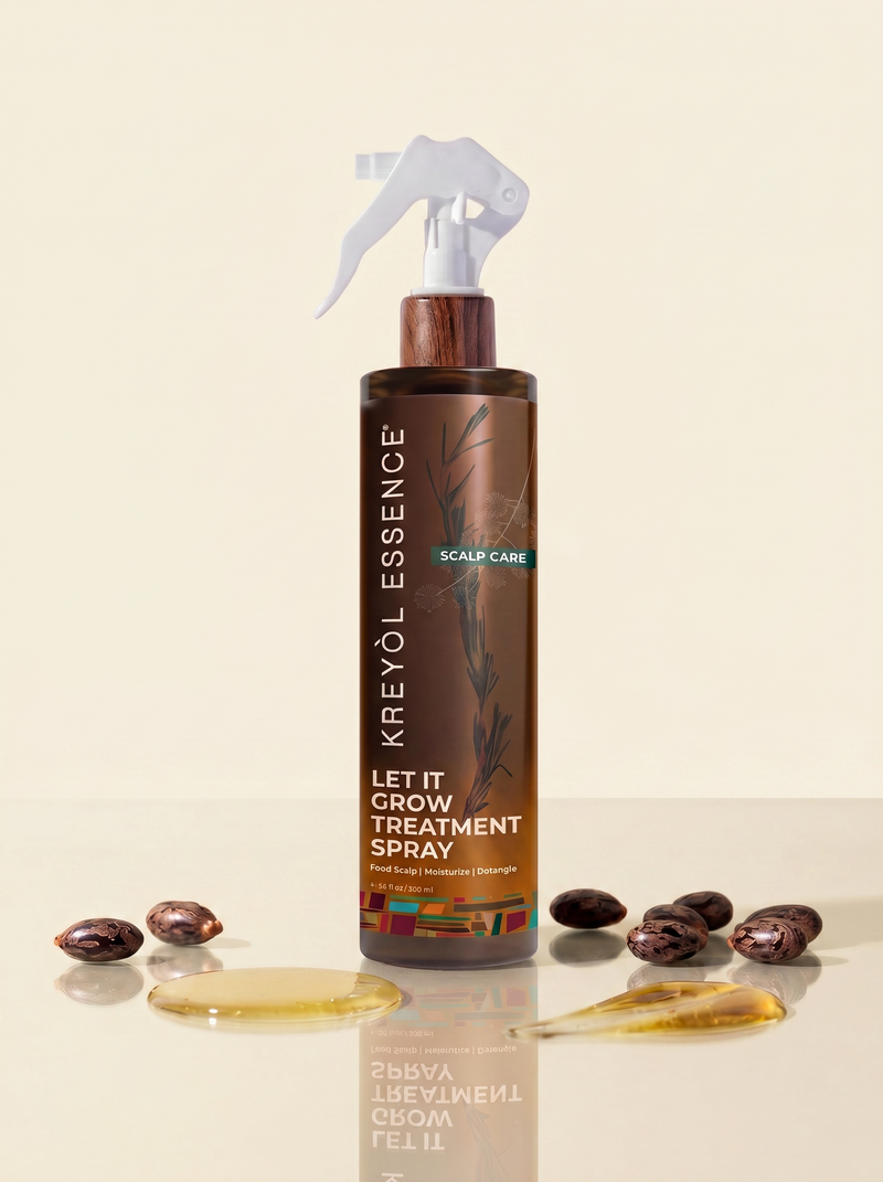 Kreyol Essence "Let it Grow" scalp and hair strengthening treatment spray bottle with spray nozzle, showcasing natural hair care product.