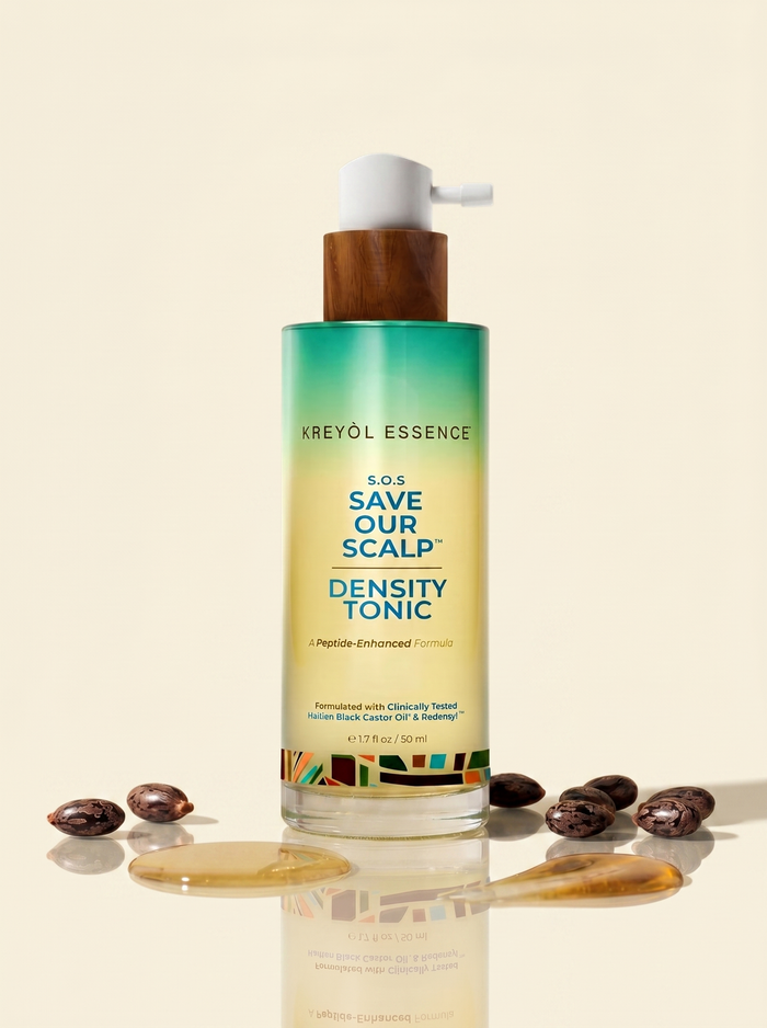 Kreyòl Essence Save Our Scalp peptide and clove hair treatment spray bottle, designed to promote scalp health and hair density.