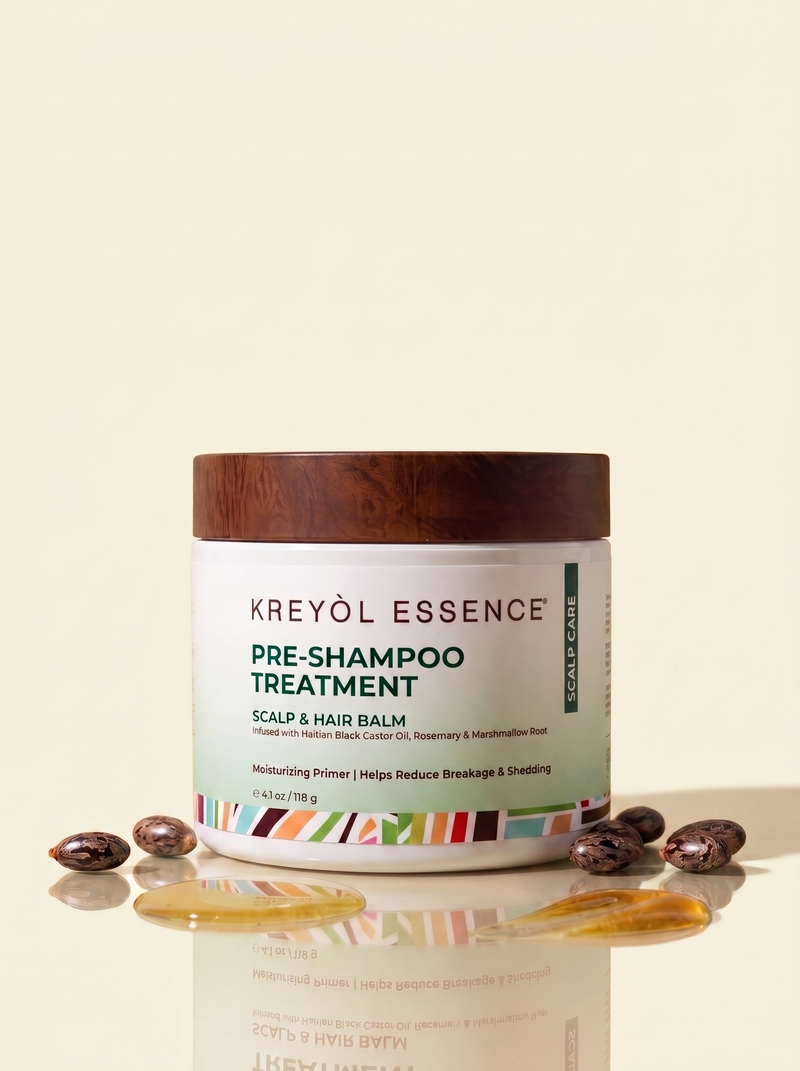 Kreyòl Essence Pre-Shampoo and Moisture Booster Hair Treatment Mask, 4oz, in a jar with the product label visible.