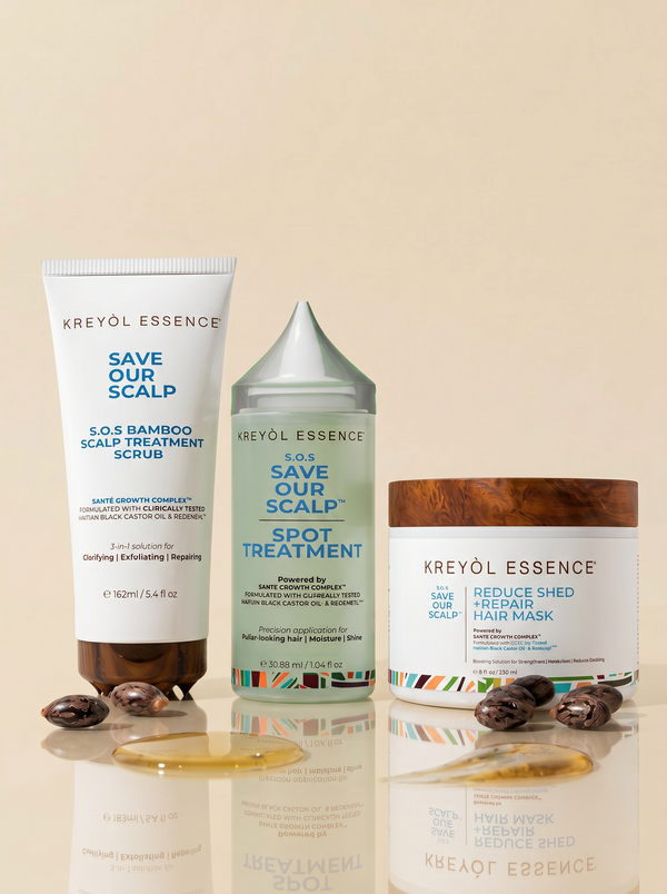 Kreyòl Essence Alopecia Essentials clinically-tested hair treatment kit with natural ingredients and hair care products.