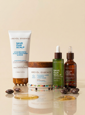 Kreyòl Essence F*** Hair Loss Clinically-Tested 4-Step System in value gift set, featuring bottles and packaging for hair restoration.