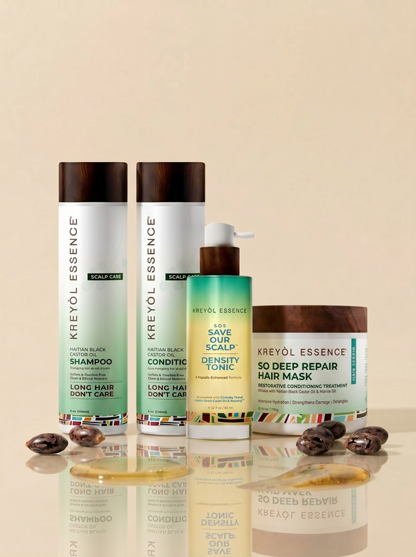 Kreyol Essence postpartum hair loss recovery kit for new moms, featuring scalp and hair health products in a natural setting.