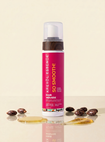 Kreyòl Essence So Smooth Multivitamin Anti-Frizz Styling Mousse in 8oz bottle, showing the product container and label.