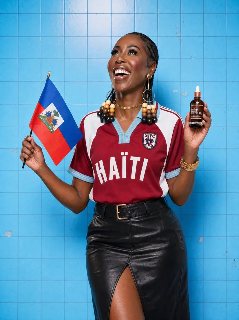 Yve-Car Momperousse holding a Haitian flag and Haitian Black Castor Oil