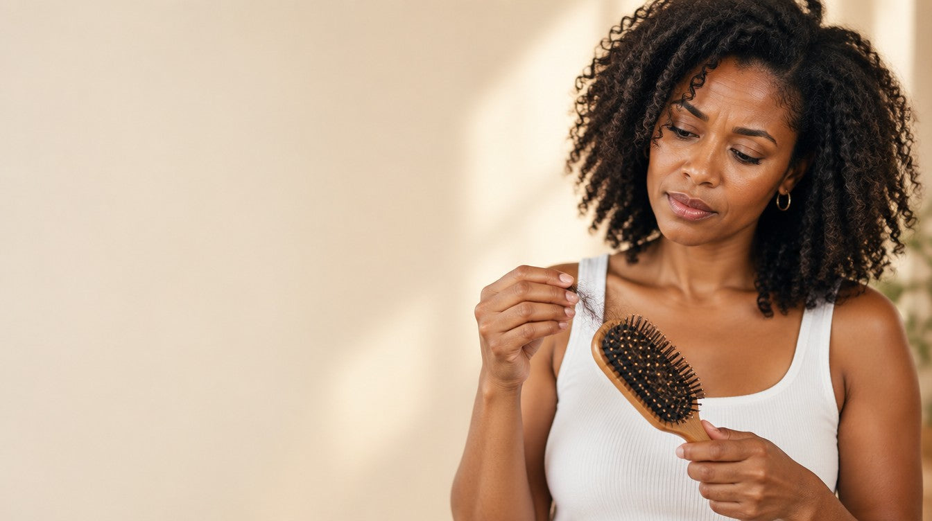 Woman with natural curls looking at the hair caught in her paddle brush