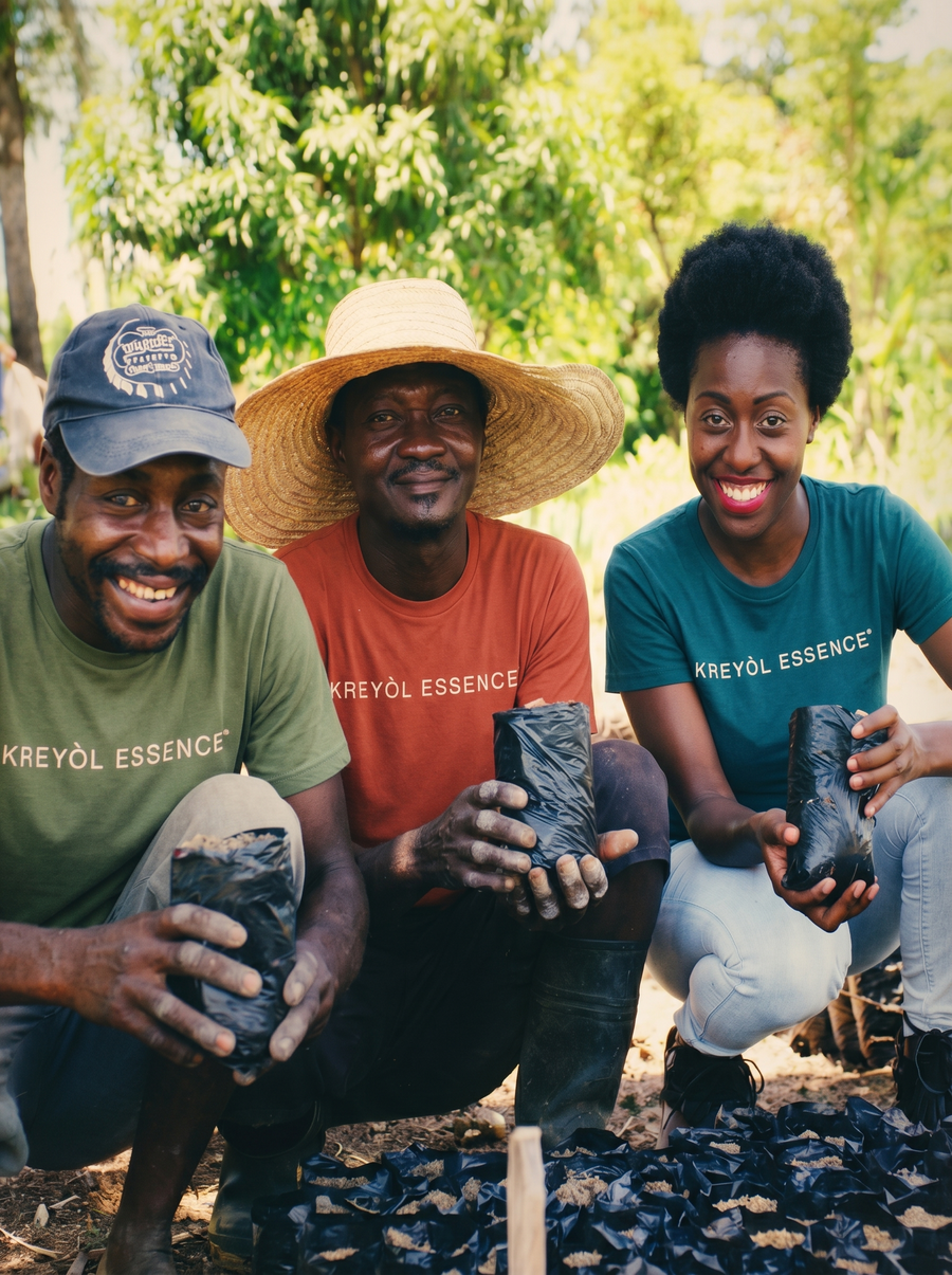 Yve-Car with farmers in Haiti holding castor seedlings