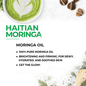 Haitian Moringa Oil by Kreyòl Essence, nourishing face and body skin care oil in 15ml bottle, with green moringa leaves.