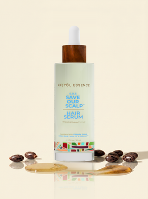 Kreyol Essence Save Our Scalp S.O.S daily hair serum bottle for scalp and hair health with a clear label and pump dispenser.
