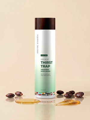 Kreyòl Essence Thirst Trap Treatment Moisturizer for hair in an 8oz bottle, showcasing smooth, shiny hair with healthy glow.