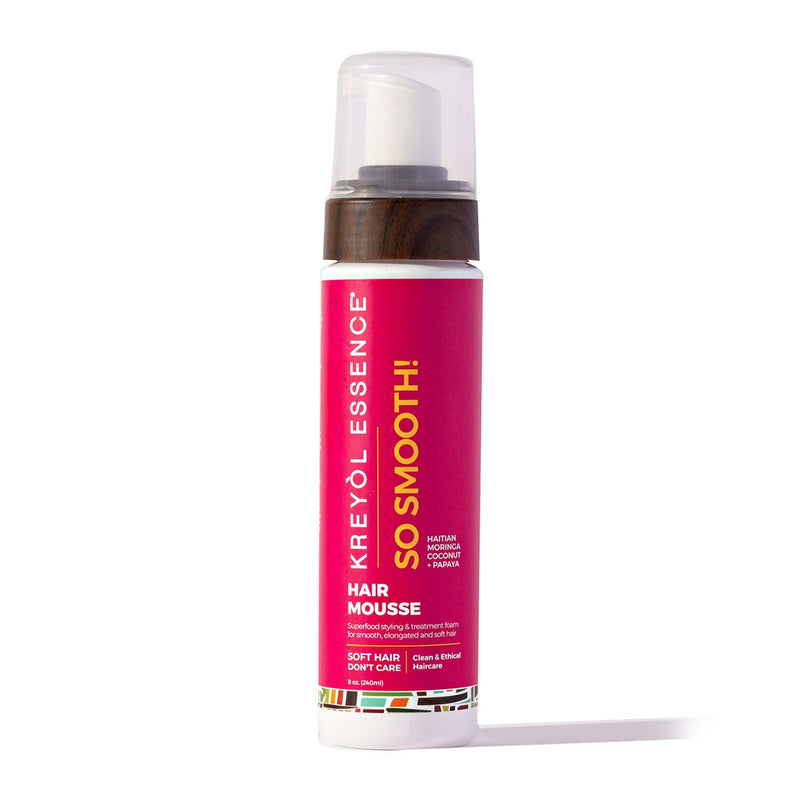 Kreyòl Essence So Smooth Hair Mousse, 8oz styling product in a clear pump bottle with a white label and black cap