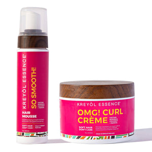 Kreyòl Essence stylist-approved mousse and curl creme treatment duo in a gift set, featuring hair care products for curly hair.