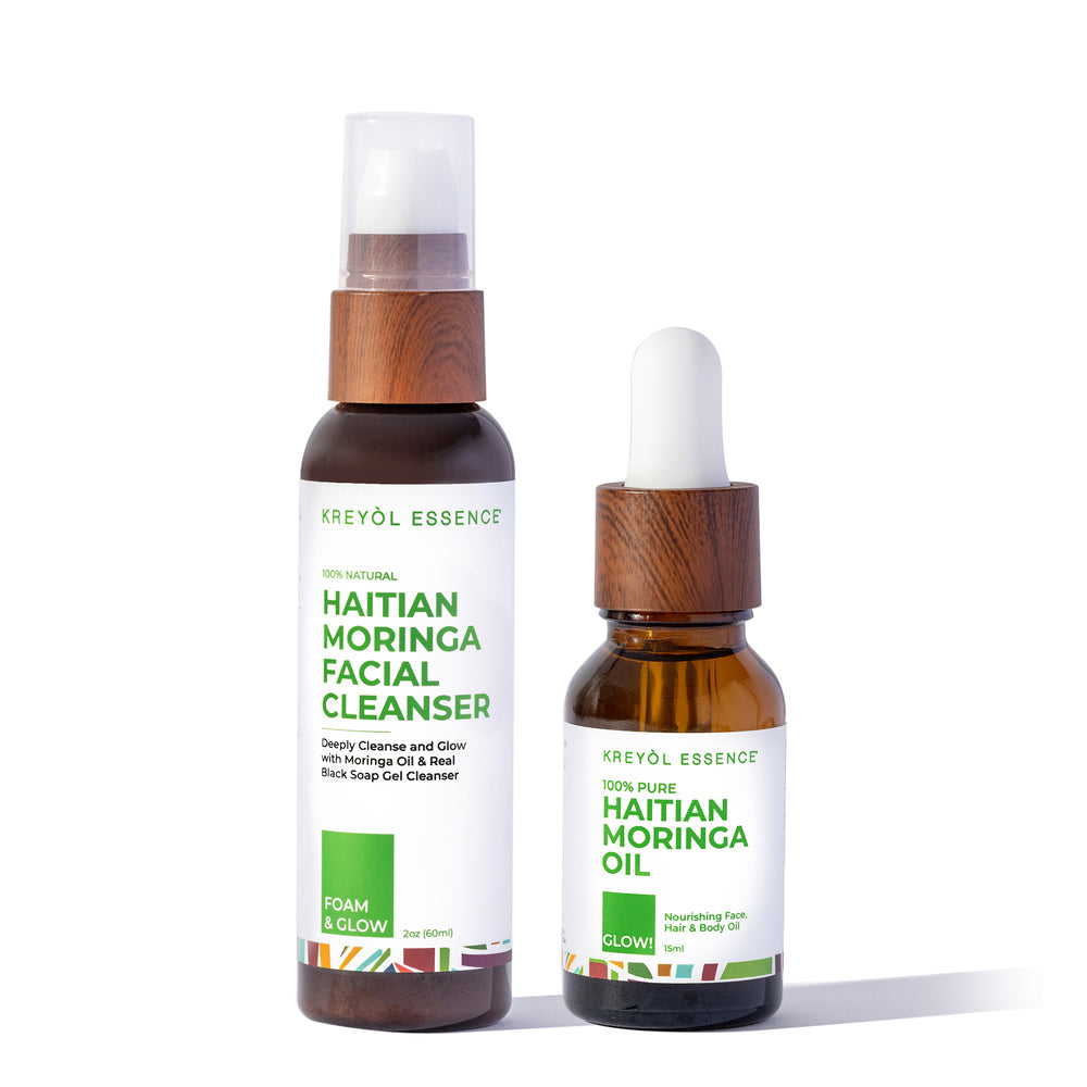 Haitian Moringa Duo with 15ml Moringa Oil and 2oz Facial Cleansing Jelly from Kreyol Essence, displayed in a gift set.