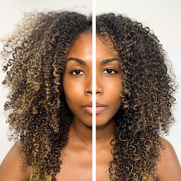 Kreyòl Essence Rosemary Mint + Coconut Moisture Slip Milk hair moisturizer bottle with before and after hair images.
